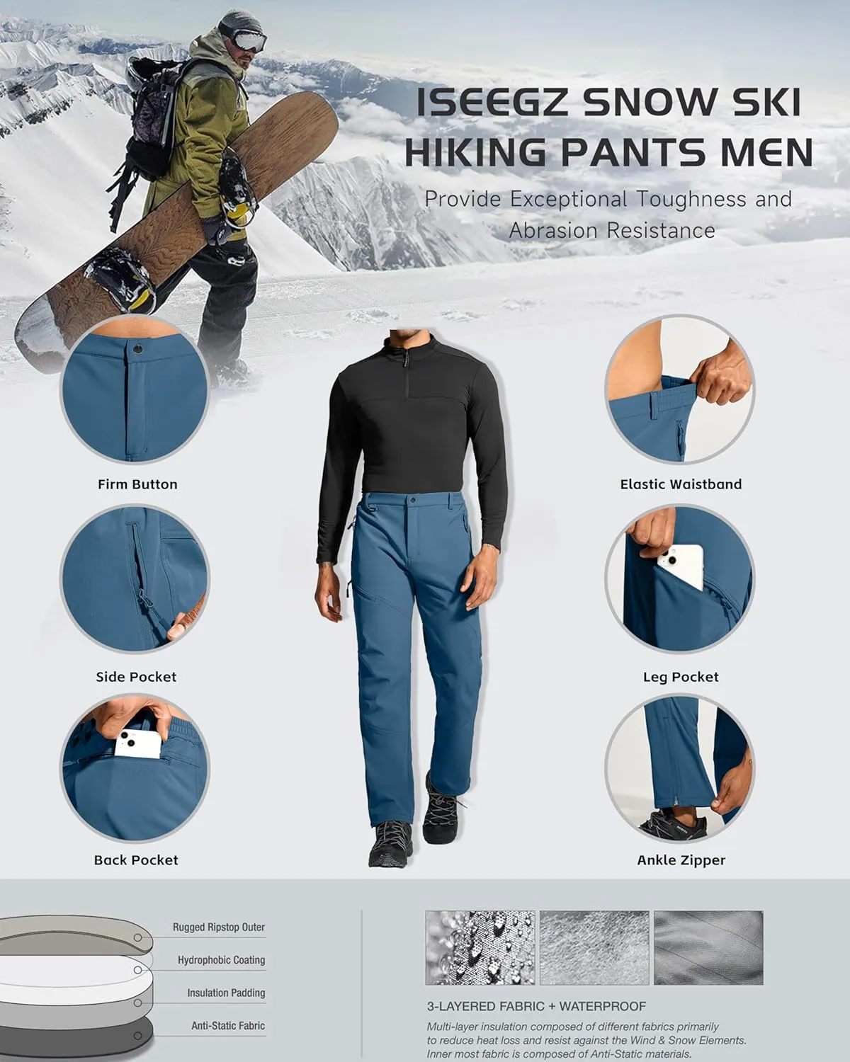 Mens Snow Ski Hiking Pants Winter Fleece Lined Outdoor Waterproof Insulated Zipper Bottom Leg
