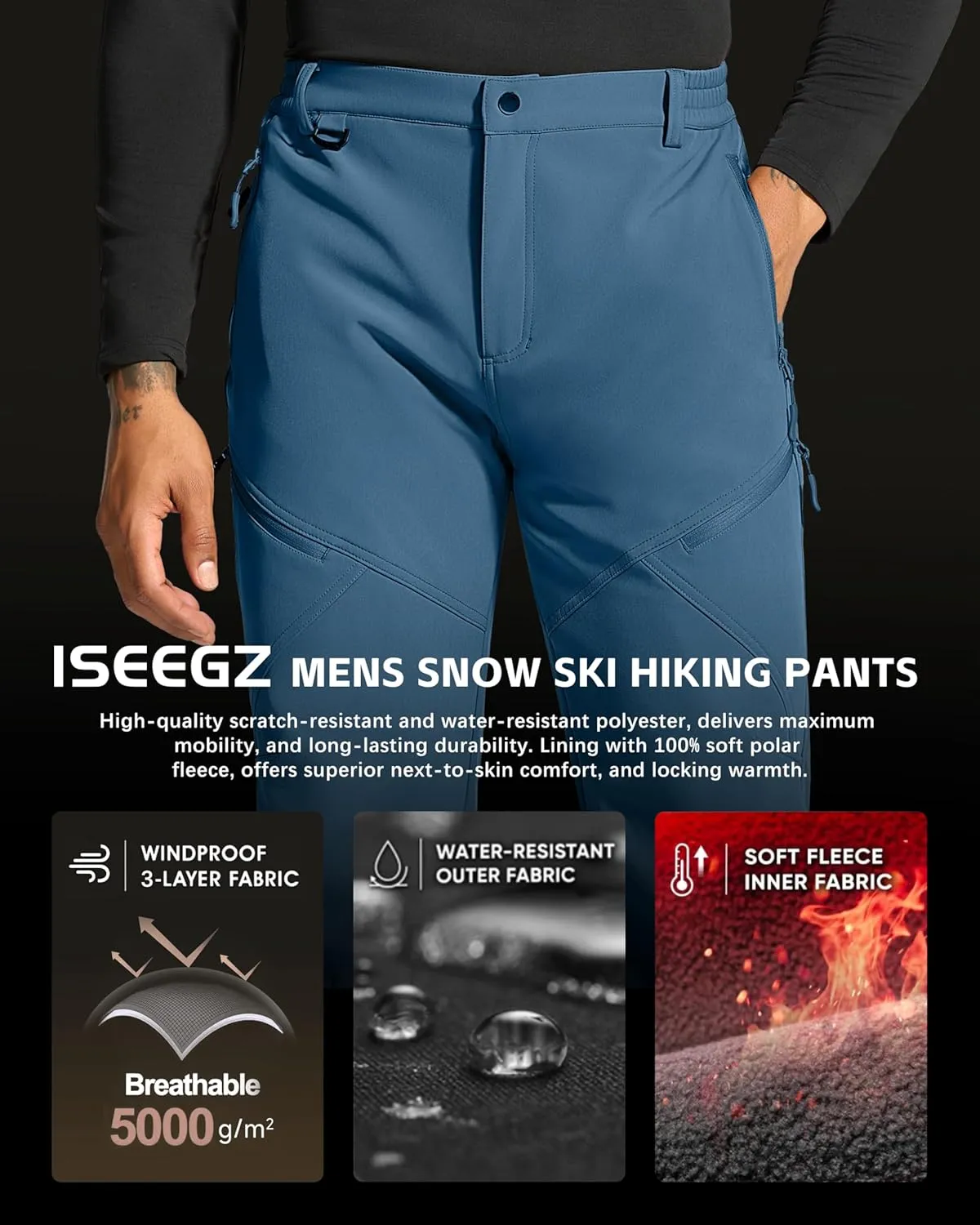Mens Snow Ski Hiking Pants Winter Fleece Lined Outdoor Waterproof Insulated Zipper Bottom Leg