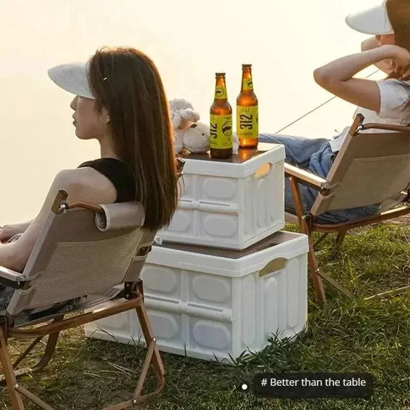 Outdoor Camping Folding Box With Wooden Lid Car Storage Box Food Organizer Container for Household Large Capacity Storage Box