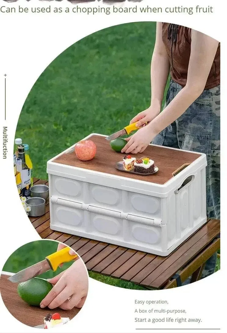 Outdoor Camping Folding Box With Wooden Lid Car Storage Box Food Organizer Container for Household Large Capacity Storage Box